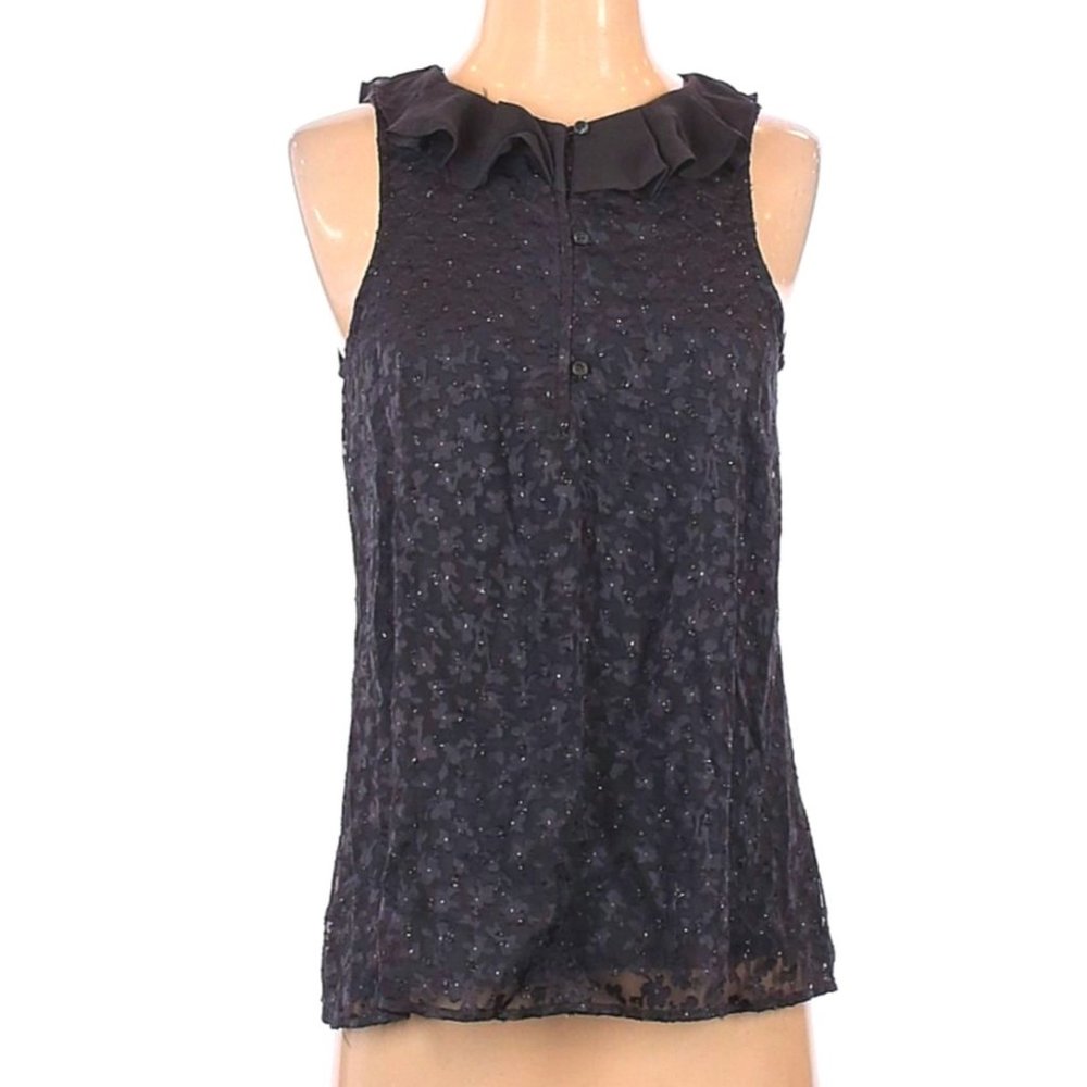 LC Lauren Conrad Sleeveless Blouse floral bling glitter ruffle Chiffon collar Si
